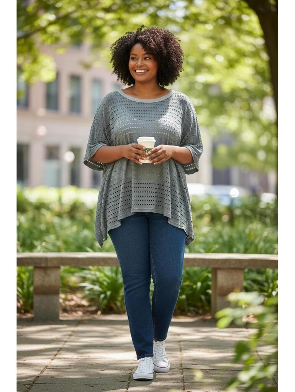 Hard Tail Forever Gray Holey Punch High/Low Oversized Tunic 3/4 Sleeve - M